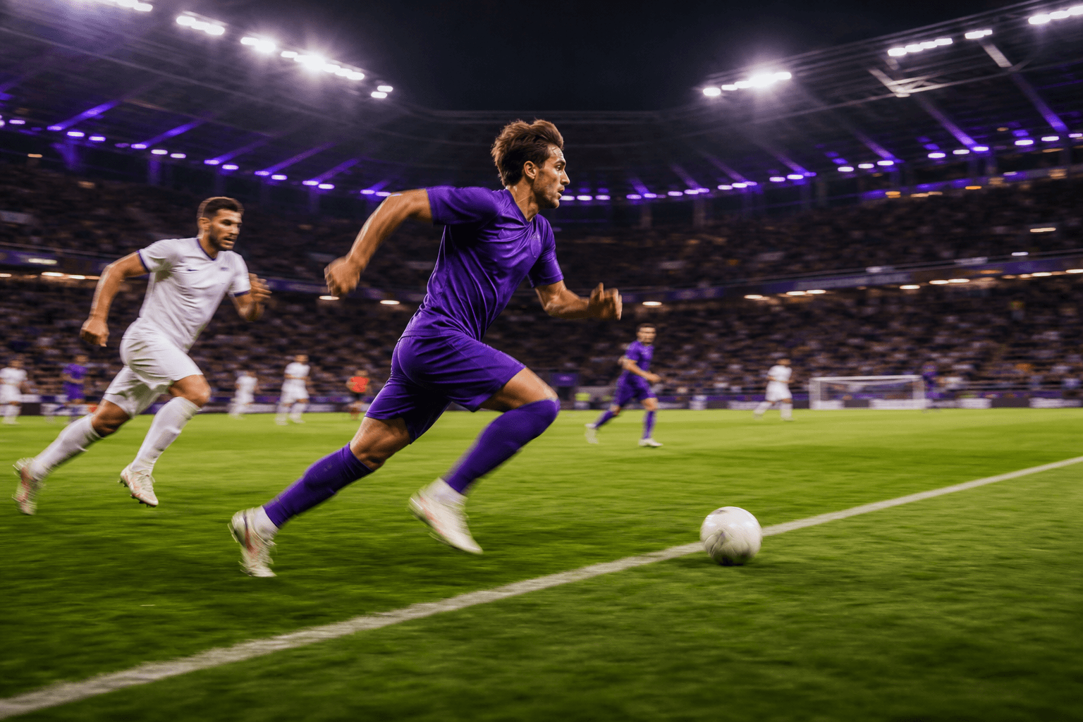 Işıklarla aydınlatılmış stadyumda futbol maçı